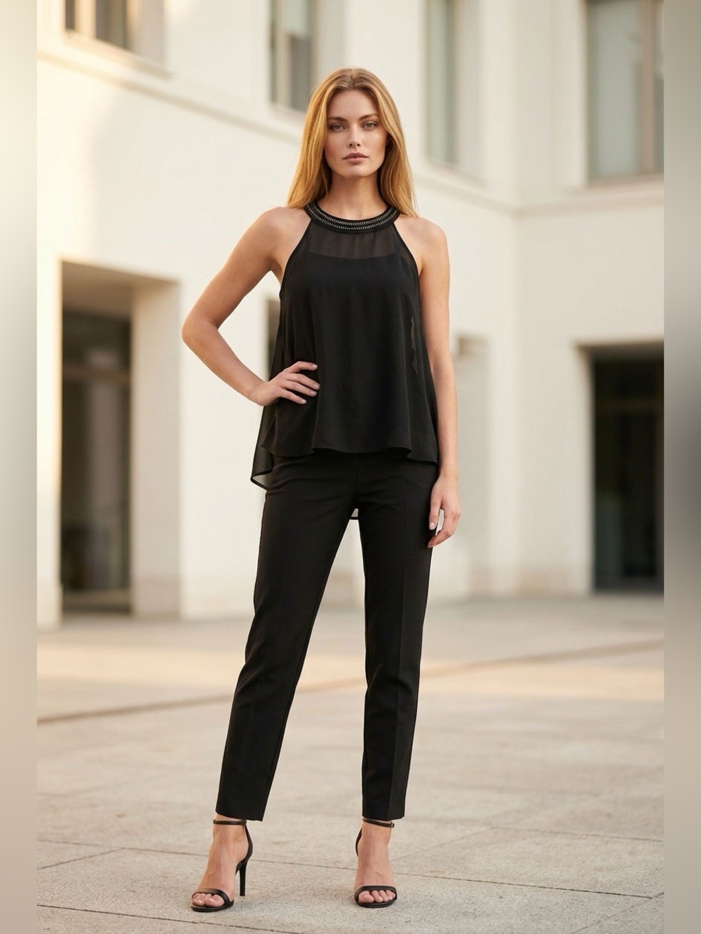 Design 365 Sleeveless Black Beaded Halter Keyhole Button Back  Blouse